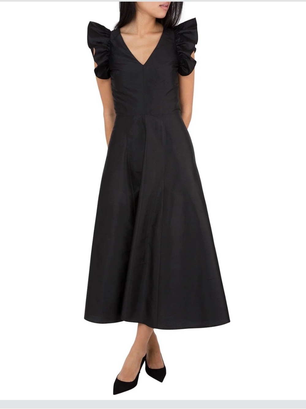 Ann Mashburn 100% Silk Flutter Sleeve Black Maxi Dress Size S Minimalist Elegant